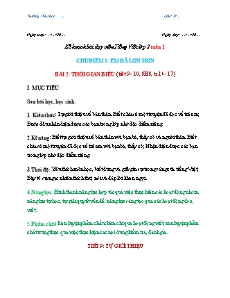 Kế hoạch bài dạy môn Tiếng Việt Lớp 2 (Chân trời sáng tạo) - Bài 2: Thời gian biểu (Tiết 9+10)