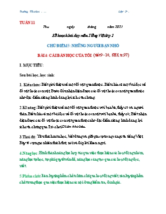 Kế hoạch bài dạy môn Tiếng Việt Lớp 2 (Chân trời sáng tạo) - Tuần 11, Bài 4: Cái bàn học của tôi (Tiết 9+10)