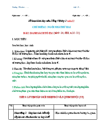 Kế hoạch bài dạy môn Tiếng Việt Lớp 2 (Chân trời sáng tạo) - Tuần 12, Bài 2: Danh sách tổ em (Tiết 9+10)