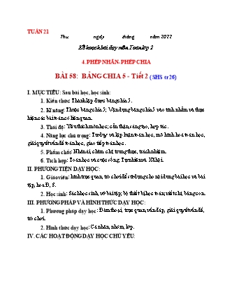 Kế hoạch dạy học Toán Lớp 2 (Chân trời sáng tạo) - Bài 58: Bảng chia 5 (Tiết 2)