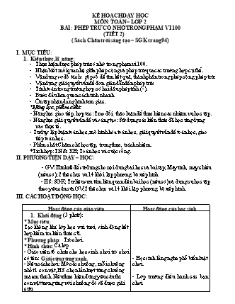 Kế hoạch dạy học Toán Lớp 2 (Chân trời sáng tạo) - Bài: Phép trừ có nhớ trong phạm vi 100 (Tiết 2)