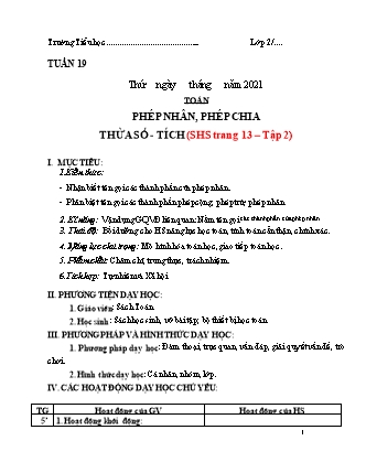 Kế hoạch dạy học Toán Lớp 2 (Chân trời sáng tạo) - Thừa số. Tích