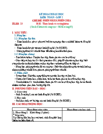 Kế hoạch dạy học Toán Lớp 2 (Chân trời sáng tạo) - Tuần 23, Bài: Thực hành và trải nghiệm