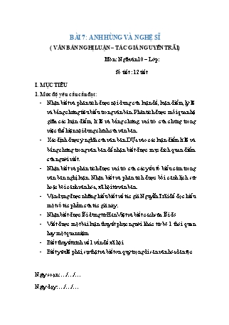 Giáo án Ngữ văn 10 (Chân trời sáng tạo) - Bài 7: Anh hùng và nghệ sĩ (Văn bản nghị luận – tác giả Nguyễn Trãi)