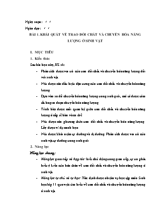 Giáo án Sinh học 11 (Chân trời sáng tạo) - Bài 1: Khái quát về trao đổi chất và chuyển hóa năng lượng ở sinh vật