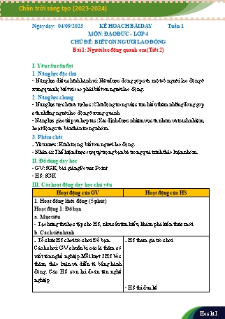 Kế hoạch bài dạy Đạo đức 4 (Chân trời sáng tạo) - Học kì I - Năm học 2023-2024