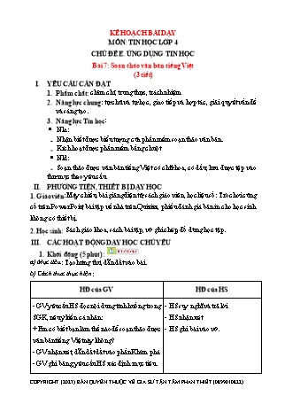Kế hoạch bài dạy Tin học 4 (Chân trời sáng tạo) - Chủ đề E: Ứng dụng tin học - Bài 7: Soạn thảo văn bản tiếng Việt